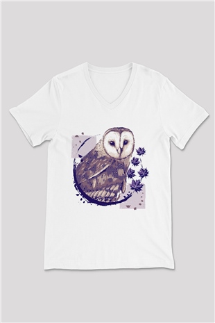 Baykuş Beyaz Unisex V Yaka Tişört