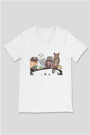 Baykuş Beyaz Unisex V Yaka Tişört