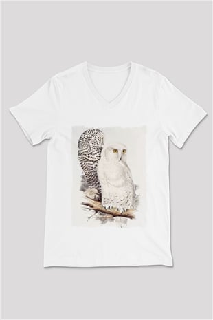 Baykuş Beyaz Unisex V Yaka Tişört