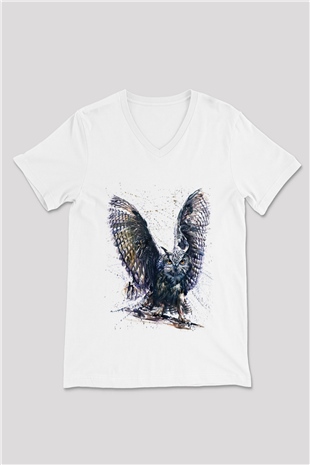 Baykuş Beyaz Unisex V Yaka Tişört
