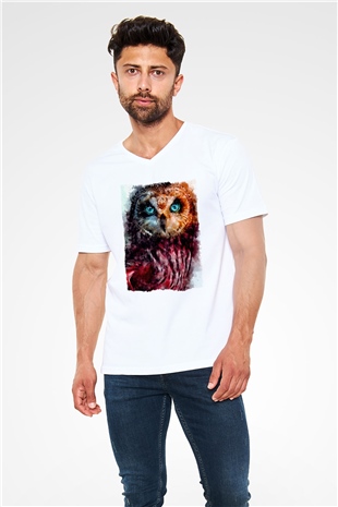 Baykuş Beyaz Unisex V Yaka Tişört
