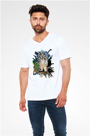Baykuş Beyaz Unisex V Yaka Tişört