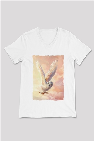 Baykuş Beyaz Unisex V Yaka Tişört