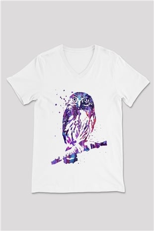 Baykuş Beyaz Unisex V Yaka Tişört