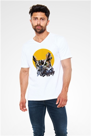 Baykuş Beyaz Unisex V Yaka Tişört