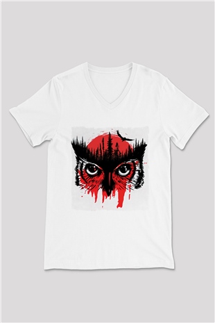 Baykuş Beyaz Unisex V Yaka Tişört