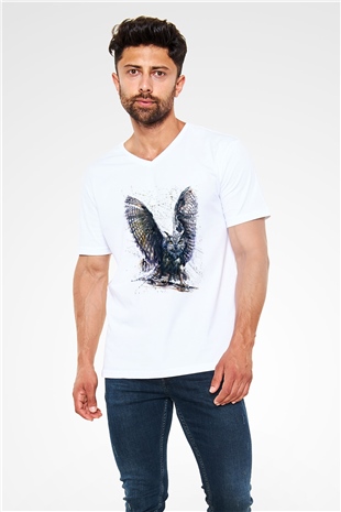 Baykuş Beyaz Unisex V Yaka Tişört