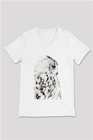 Baykuş Beyaz Unisex V Yaka Tişört