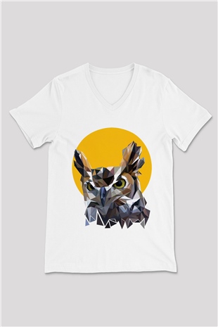 Baykuş Beyaz Unisex V Yaka Tişört
