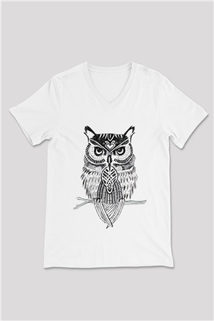 Baykuş Beyaz Unisex V Yaka Tişört T-Shirt