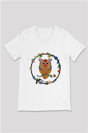 Baykuş Beyaz Unisex V Yaka Tişört T-Shirt