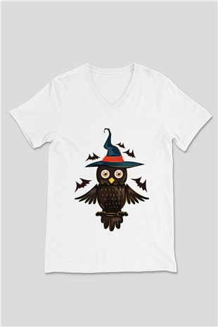 Baykuş Beyaz Unisex V Yaka Tişört T-Shirt