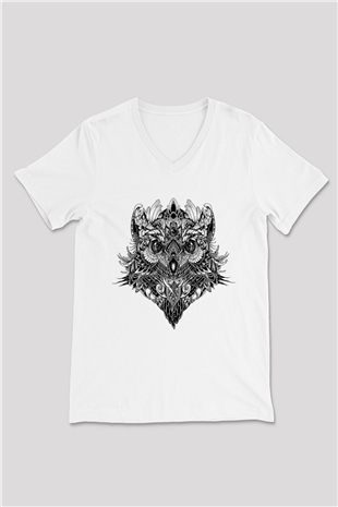 Baykuş Beyaz Unisex V Yaka Tişört T-Shirt