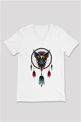 Baykuş Beyaz Unisex V Yaka Tişört T-Shirt
