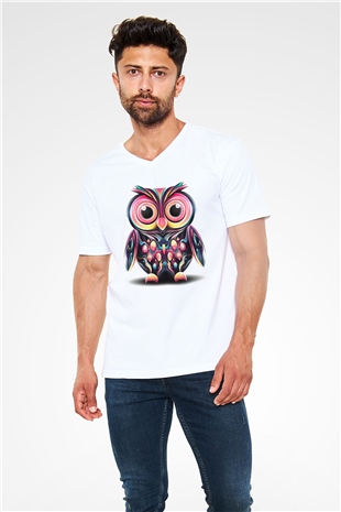 Baykuş Beyaz Unisex V Yaka Tişört T-Shirt