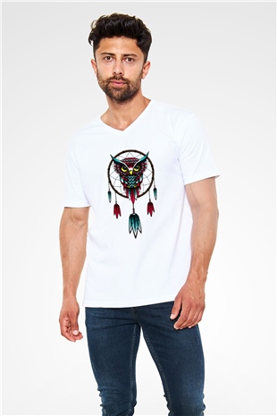 Baykuş Beyaz Unisex V Yaka Tişört T-Shirt