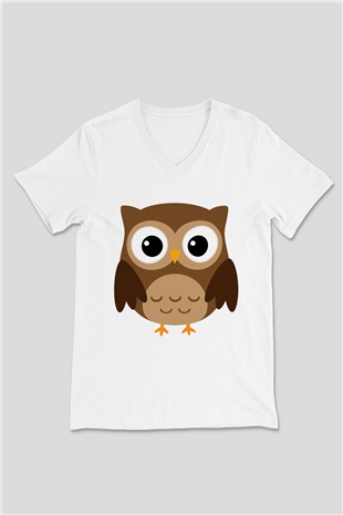 Baykuş Beyaz Unisex V Yaka Tişört T-Shirt
