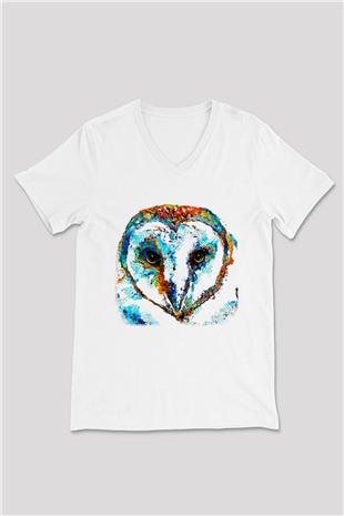 Baykuş Beyaz Unisex V Yaka Tişört T-Shirt
