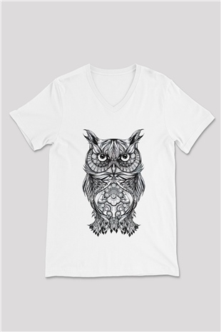 Baykuş Beyaz Unisex V Yaka Tişört T-Shirt