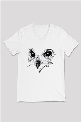 Baykuş Beyaz Unisex V Yaka Tişört T-Shirt