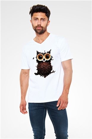 Baykuş Beyaz Unisex V Yaka Tişört T-Shirt