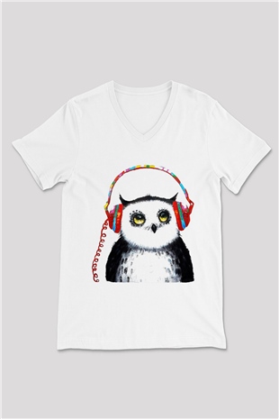 Baykuş Beyaz Unisex V Yaka Tişört T-Shirt