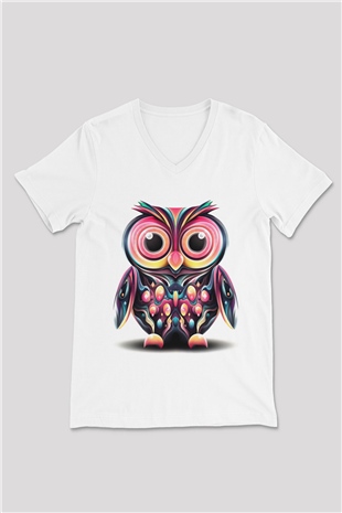 Baykuş Beyaz Unisex V Yaka Tişört T-Shirt