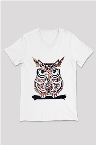 Baykuş Beyaz Unisex V Yaka Tişört T-Shirt
