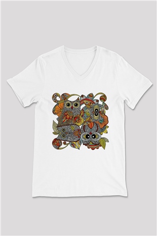 Baykuş Beyaz Unisex V Yaka Tişört T-Shirt