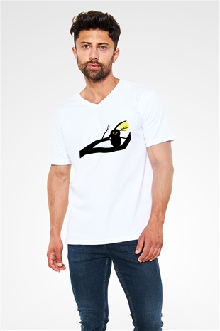 Baykuş Beyaz Unisex V Yaka Tişört T-Shirt