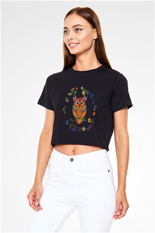 Baykuş Siyah Crop Top Tişört