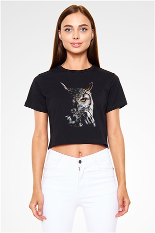 Baykuş Siyah  Crop Top Tişört