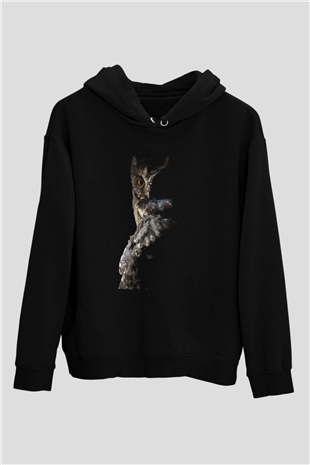 Baykuş Siyah Unisex Kapüşonlu Sweatshirt
