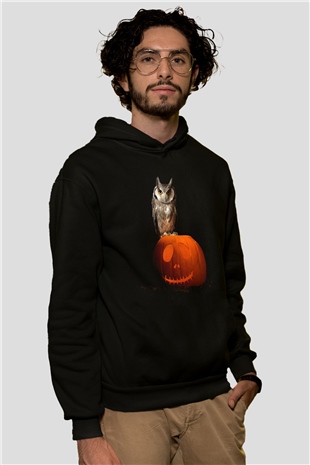 Baykuş Siyah Unisex Kapüşonlu Sweatshirt