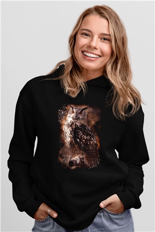 Baykuş Siyah Unisex Kapüşonlu Sweatshirt