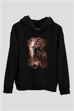 Baykuş Siyah Unisex Kapüşonlu Sweatshirt
