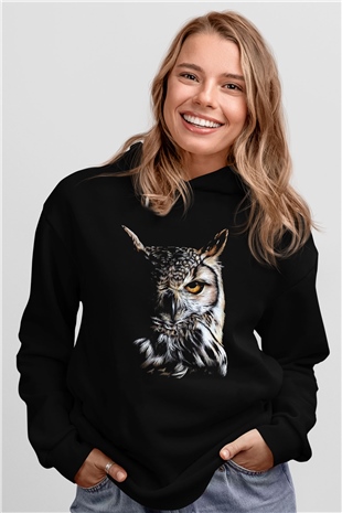 Baykuş Siyah Unisex Kapüşonlu Sweatshirt