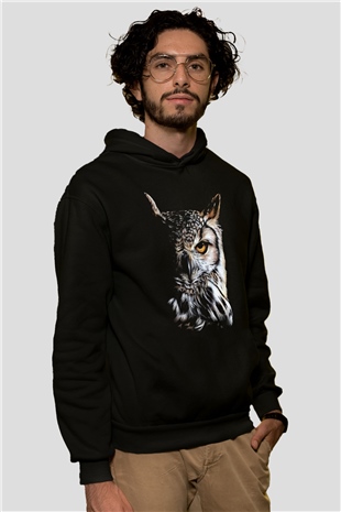 Baykuş Siyah Unisex Kapüşonlu Sweatshirt