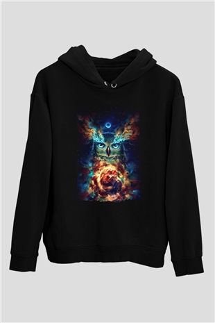 Baykuş Siyah Unisex Kapüşonlu Sweatshirt