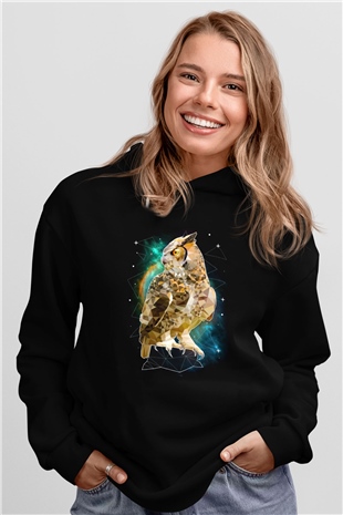 Baykuş Siyah Unisex Kapüşonlu Sweatshirt