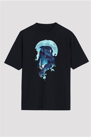 Baykuş Siyah Unisex Oversize Tişört T-Shirt