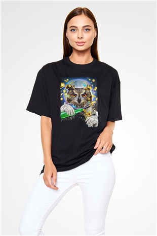 Baykuş Siyah Oversize Tişört Oversize T-shirt - TişörtFabrikası