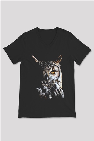 Baykuş Siyah Unisex V Yaka Tişört