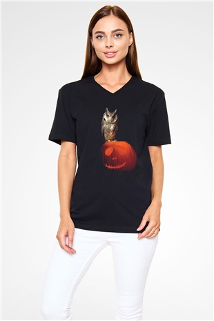 Baykuş Siyah Unisex V Yaka Tişört