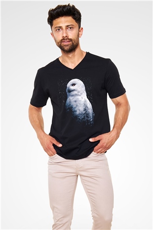 Baykuş Siyah Unisex V Yaka Tişört