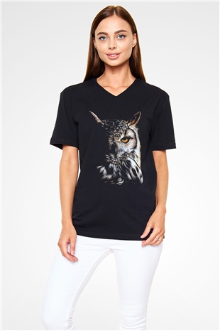 Baykuş Siyah Unisex V Yaka Tişört