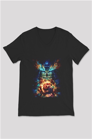 Baykuş Siyah Unisex V Yaka Tişört