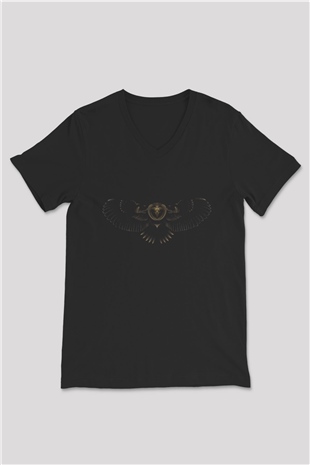 Baykuş Siyah Unisex V Yaka Tişört
