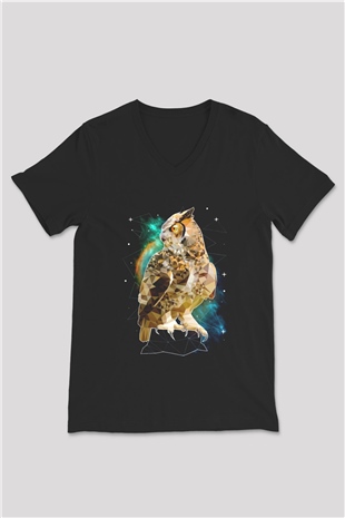 Baykuş Siyah Unisex V Yaka Tişört