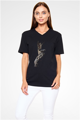 Baykuş Siyah Unisex V Yaka Tişört